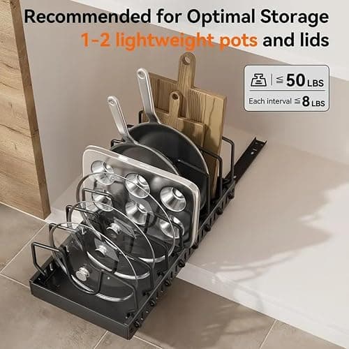 AmoiChic 2 Pack Pull Out Cabinet Organizer for Pots and Pans, Black Storage Rack with 8 Adjustable Dividers, Kitchen Cabinet Organizer for Pot Lids, Bakeware, Dishes Storage thumbnail 4