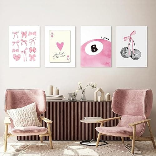 Lidy 4 PCS Pink Bow Disco Cherry and 8 Ball Lucky Aesthetic Decor Poster Wall Art Decor Canvas Poster Gifts for College Girly Preppy Dorm Room Coquette Pink Decor 8x12 inch (20x30cm Unframed) thumbnail 2