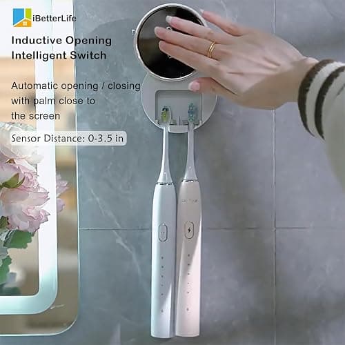 Toothbrush Holders Cleaner & Dryer for Bathroom - Mirror Wall Mounted [Rechargeable, Auto Sensor Open/Close Lid, LED Smart Screen] Adhesive Electric Tooth Brush Razor Holder with Cover for Home Travel thumbnail 3