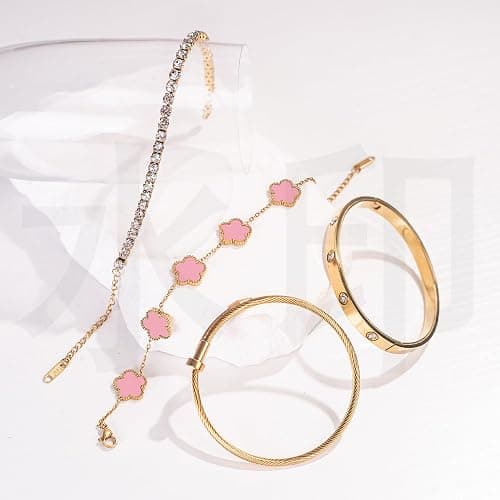 18K Gold Plated Womens Stackable Floral Gold Clover Bracelets Set Love Bangle Bracelets Non Tarnish, Nail Bracelet Set Trendy Jewelry,Gifts for Women's Day and Mother's Day thumbnail 7