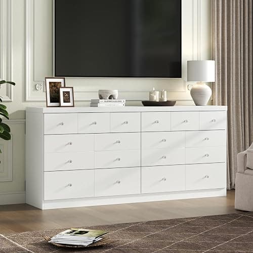 63'' Long Dresser for Bedroom, Modern 6 Drawer Dresser with 14 Organized Compartments & Glass Handles, Extra Large Chest of Drawers with Storage Drawer, Double Wide White Wood Dressers for Bedroom thumbnail 8