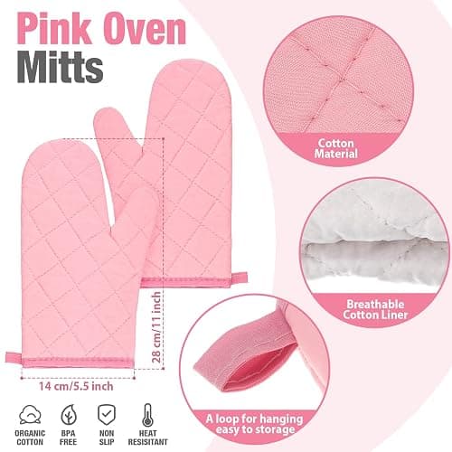 Zubebe Pink Oven Mitts and Pot Holders with Kitchen Towels Set of 7, Valentine's Day Gift for Women Heat Resistant Oven Gloves Kitchen Hand Towels Hot Pads for Cooking Baking(Plaid) thumbnail 3