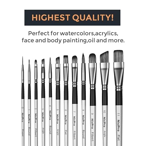 Nicpro 12PCS Artist Paint Brush Set, Craft Paint Brushes for Acrylic Painting, Oil, Watercolor, Gouache, Tempera, Face, Body, Fabric, Leather, Model, Art Supplies Paintbrushes for Artists Beginners thumbnail 7