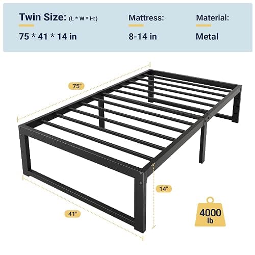 Allewie Twin Bed Frame, 14 Inch Metal Platform Bed Frame with 4000LBS Heavy Duty Steel Slats Support, Noise Free, Easy Assembly, No Box Spring Needed, Black thumbnail 2
