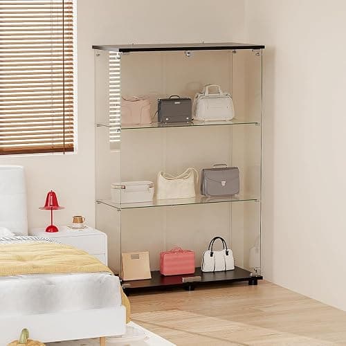 ROOMTEC Glass Display Cabinet with 3 Shelves,Double Doors, Floor Standing Display Cage, for Living Room Bedroom Office, 49.49 x 31.77 x 14.37 in, Black - 3 Shelf Double Door thumbnail 3