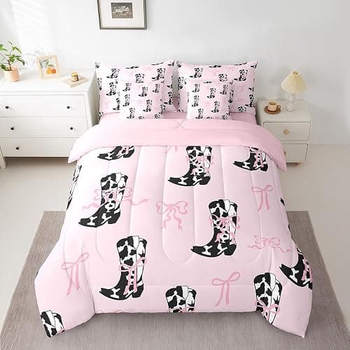 7pcs Cowgirls Comforter Set Twin Size, Pink Bows Cow Print Boots Bedding Set, Western Cowboy Cute Bowknot Cartoon Pink Bed in A Bag with Comforter, Sheets and Pillowcases, Kids Girl Woman Room Decor thumbnail 2