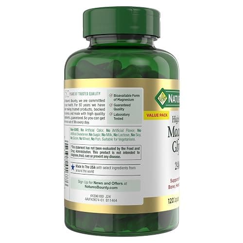 Nature’s Bounty High Absorption Magnesium Glycinate 240 mg for Supporting Muscle Relaxation and Bone, Heart & Nerve Health – Non-GMO, Gluten-Free, Vegetarian, 120 Count/60 Servings thumbnail 10