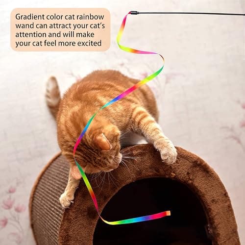 M JJYPET Cat Wand Toys Interactive Kitten Toys for Indoor Cats Colorful Teaser Wand String for Exercise Kitten Stick Kitty Rope Toy Rainbow Ribbon Cat Charmer -2Pcs thumbnail 3