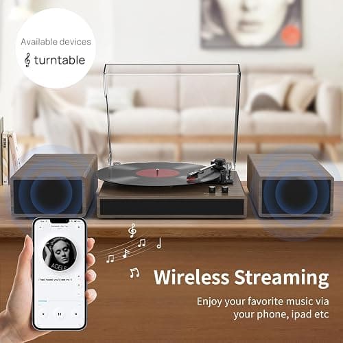 Vinyl Record Player with Dual Stereo Bookshelf Speakers Vintage Turntable with Bluetooth Wireless Playback Belt Drive 3-Speed Playback Record Player Support RCA Out Auto Stop thumbnail 3