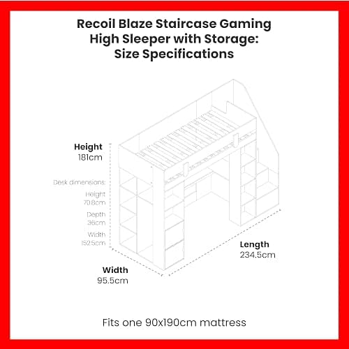 Flair Furnishings Recoil - Blaze Wooden High Sleeper Bed for Kids, Single Gaming Bed with Desk and Integrated Storage, Heavy Duty, Sleek and Modern (Black and Red) thumbnail 6