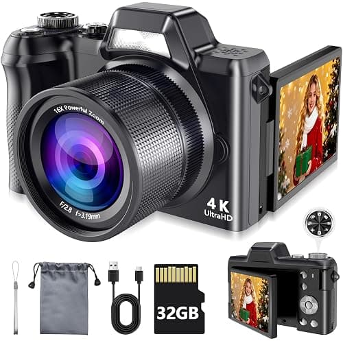 4K Digital Camera for Photography & Vlogging, 56MP Point and Shoot Digital Cameras with 180° Flip Screen, 16X Zoom Compact Travel Camera, Portable Cámara for Adults & Beginners with 32GB SD Card - Image 1