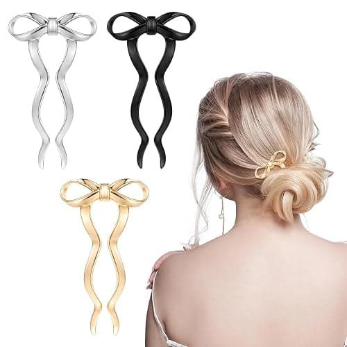 3 pieces of women's bow tie French hair clip acetate women French hair clip, suitable for tying hair, twisting hair, standing hair, wedding hairstyle, women's hair accessories (gold, black, silver) - Image 1