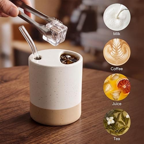 Hushee 2 Pack Color Block Ceramic Coffee Mugs with Sip Hole | 10 oz, Beige and White Espresso Cups, Half Lid, Boho Ceramic Mugs, for Iced Coffee, Home Office Daily Supplies thumbnail 5