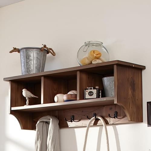 Renew Solid Wood Wall Mounted Coat Hook, Storage, 3 Cubbies, 4 Double Hooks, Natural Brown Finish, Easy Installation, French Cleat, Ideal for Entryway Organization, 36 in. W x 9 in. D x 14 in. H thumbnail 2