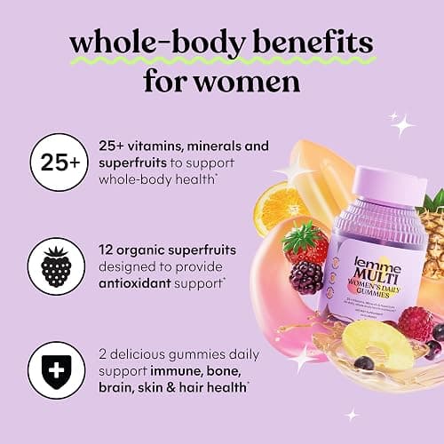 Lemme Women's Multivitamin Gummies, Daily Nutritional Support with Vitamins A, C, D, E, Biotin, Folic Acid, Zinc & Inositol, Bone, Brain, Skin & Immune Health, Raspberry Orange, 30-Day Supply thumbnail 4