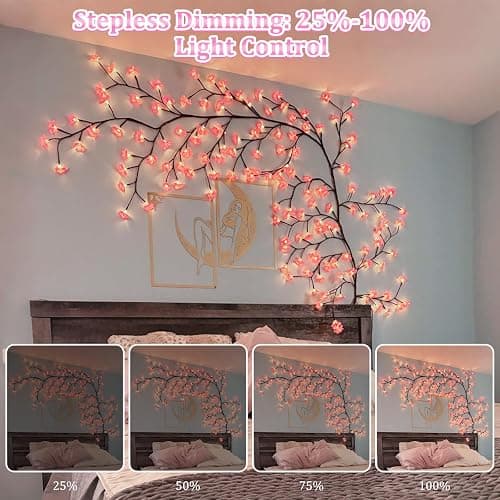 FIALAME 7.55 FT 144 LED Cherry Blossom Tree Branch Lights for Wall,8 Modes Artificial Pink Cherry Blossom Garland with Remote and Timer,Willow Vine Lights for Bedroom,Sakura Wall Decor thumbnail 5