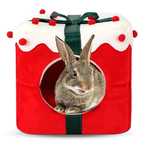 YUEPET Christmas Rabbit Bed Warm Bunny Hideout House, Cozy Washable Small Animal Hideout for Rabbit Bunny Guinea Pig Ferret Chinchilla 11.8"×11.8"×11.8" - Image 1