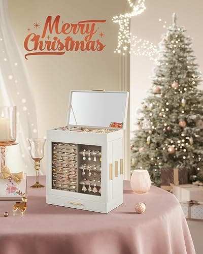 SONGMICS Jewelry Box with Glass Window, 5-Layer Jewelry Organizer with 3 Side Drawers, Jewelry Storage, with Big Mirror, Modern, 6.1 x 10.3 x 12.6 Inches, Cloud White and Metallic Gold UJBC162W01 thumbnail 2