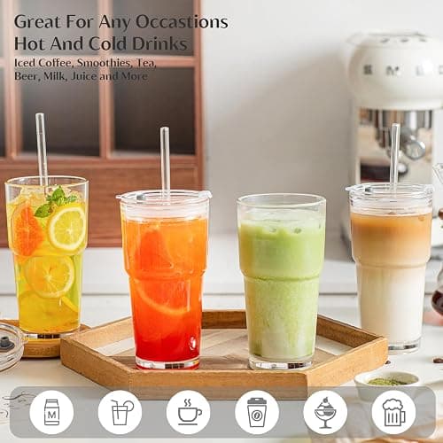 INSETLAN 20oz Clear Glass Cup with Lid and Glass Straw, Set of 2 Thickened Glass Coffee Tumblers, Drinking Glasses with Straw for Smoothie, Tea, Milk, Whiskey, Water and More – Elegant & Durable thumbnail 4