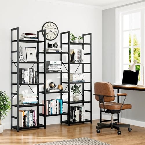 NUMENN Triple Column 5 Tier Bookshelf, Bookcase with 14 Open Display Shelves, Adjustable Rustic Industrial Style Book Shelves, Modern Bookshelves for Bedroom, Living Room and Home Office, Black thumbnail 2
