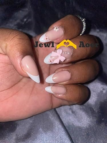 Jewl Aoer Press on Nails Short Almond Pink Artificial Fake Nails 3D Bow Tie Flower Stick On Nail with French Tip Acrylic Reusable Press Ons False Nails Kit for Women Girls-24pcs thumbnail 4