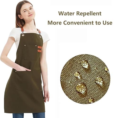 AFUN Chef Aprons for Women Men with Large Pockets, Cotton Canvas Cross Back Water Repellent Work Apron, Size M to XXL (Grey Green) thumbnail 2