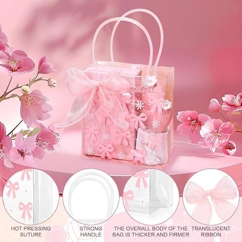 ROBOHOOK 6 PCS Clear Gift Bags with Handles, Reusable Bow Goodie Bags, Comes with a Roll of 9m Pink Ribbon Suitable for Weddings Birthdays Baby Showers Etc thumbnail 3