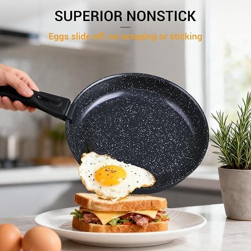 Ammeloo 21-Piece Ceramic Pots and Pans Set Non Stick with Detachable Handles and Egg Frying Pan, Non-Toxic Cookware, Induction Ready, Oven Safe, Stackable for Storage, Black Speckled thumbnail 2