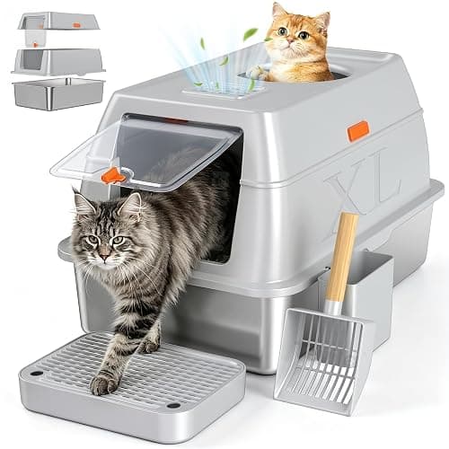 Tevila XL Enclosed Stainless Steel Litter Box with Lid, Light Gray | covered, High Sided, Rustproof & Leak Proof, Easy Clean, Odor Control, Includes Scoop & Step - Image 1