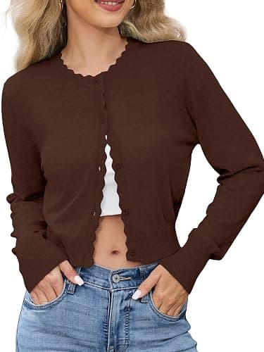 Lyrur Women's Scalloped Crewneck Cropped Cardigan Sweaters Long Sleeve Button Down Knit Bolero Shrug - Image 1