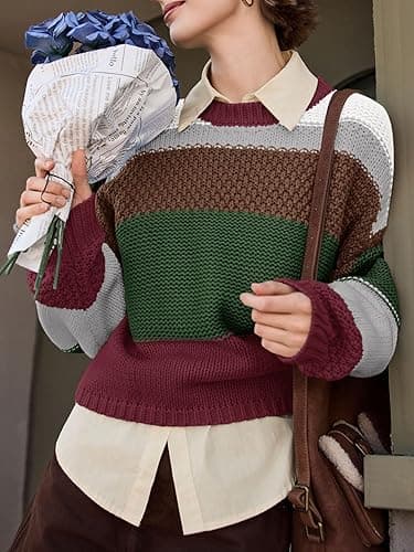 Saodimallsu Womens Color Block Cropped Sweaters 2025 Winter Trendy Casual Oversized Y2k Going Out Striped Pullover Tops thumbnail 3