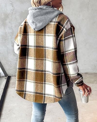 CHICME Womens Lightweight Casual Jacket Plaid Long Sleeve Shacket Fleece Lined Hooded Jackets Warm Coat thumbnail 2