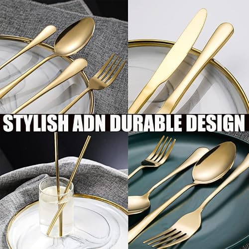 Gutuwellea 84 Pieces Gold Silverware Service for 12 Flatware Set Stainless Steel Utensils Cutlery Set Dishwasher Safe Flatware (Gold, 84) thumbnail 4