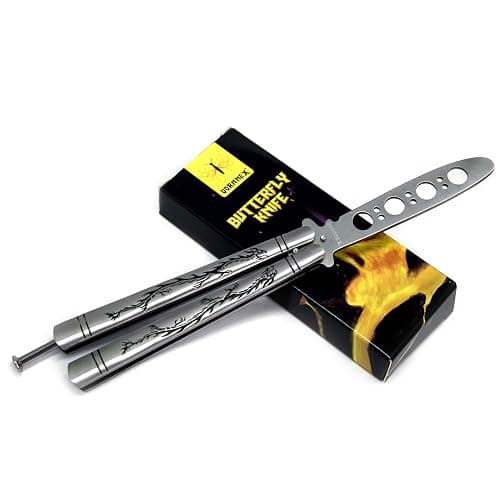 VORNNEX Practice Butterfly knife Trainer with Sure Spring Latch, Full Stainless Steel Black Dull Balisong, Unsharpened Butterfly knives Comb for CSGO Training(Silver) thumbnail 9