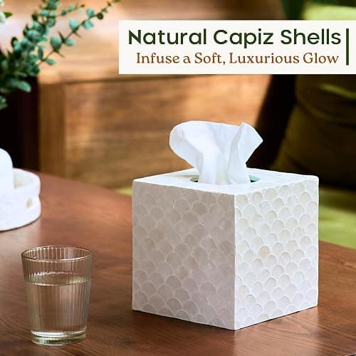 CHI AN HOME 5.8” Capiz Tissue Box Cover, Square Decorative Tissue Holder with Bottom Slider, Handmade Bathroom Accessories, Elegant White Cube for Vanity, Bedroom, Office & Coastal Décor (Natural) thumbnail 5