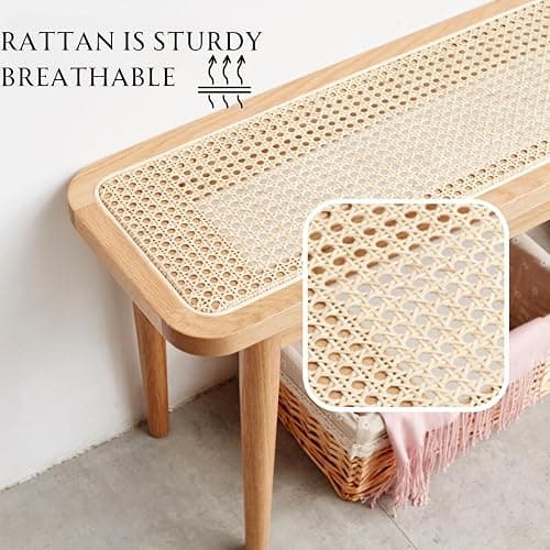 Wayshome 39.4'' Natural Rattan Dining Bench with 100% Solid Oak Wood Bench Frame, Bed End Shoe Ottoman for Kitchen Bedroom Entryway, Natural Oak thumbnail 5