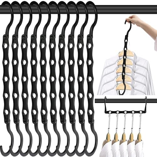 10 Pack Space Saving Hangers Closet Organizer & Storage for Clothes, Black | Heavy duty ABS plastic, 360° swivel hook, magic cascading multi slots, dorm apartment RV seasonal shirts pants coats sweaters - Image 1