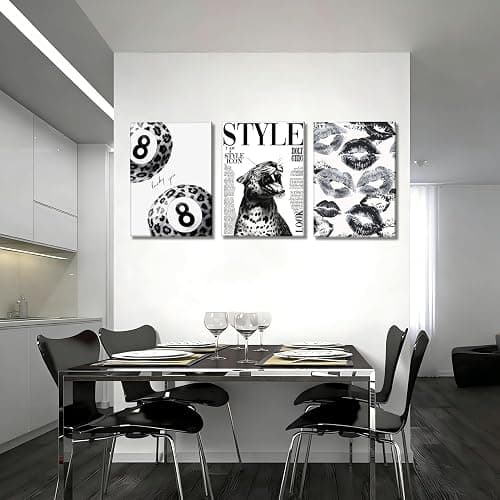 3Pcs Trendy Black and White Leopard Canvas Wall Art Fashion Lucky 8 Ball Lips Pictures Wall Decor Vintage Newspaper Cheetah Posters Prints for Bedroom Apartment Dorm 12x16in thumbnail 7