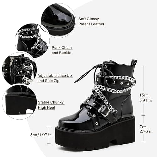 Parisuit Womens Goth Patent Ankle Boots Platform Chunky High Heel Lace Up Combat Boots Punk Short Booties thumbnail 5