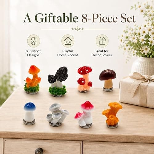 8 Pack Mushroom Door Hinge Toppers, Colorful Magnetic Resin Hinge Heads | Eight colorful resin mushroom hinge toppers add cottagecore charm to doors, cabinets and compatible magnetic surfaces. thumbnail 7