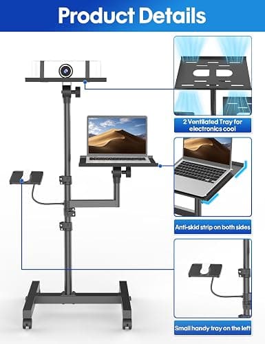 ORWOD Projector and Laptop Stand Tripod, 2 Shelves Mobile Laptop Tripod Stand, Max 47" Height Adjustable Laptop Cart on Wheels, Projector Floor Stand with Ventilated Tray for Podium, Meeting, Couch thumbnail 5
