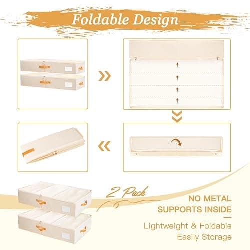 Criusia Under Bed Storage Bins with Clear PVC Lids – 2 Pack Large Underbed Organizers with Heavy-Duty Handles, Reinforced with 800G PP Panels & 80G Non-Woven Fabric – Waterproof & Foldable, Beige thumbnail 8