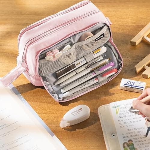 MAMUNU Large Capacity Pencil Case 4 Compartments, Big Pen Pouch with Zipper Portable Handle, Aesthetic Pencil Case Bag Stationery Organizer for Office College School Teen Girl Boy Men Women, Pink thumbnail 7