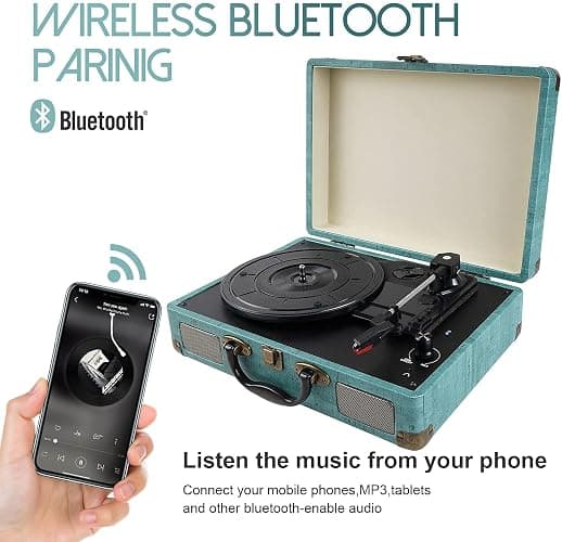 Giradischi Vinile, 3 Velocità (33 1/3, 45 E 78 Giri) stereo Portatile Giradischi, con Altoparlanti Incorporati, Bluetooth, 3.5mm AUX-IN E Jack per Cuffie, Linea RCA thumbnail 5