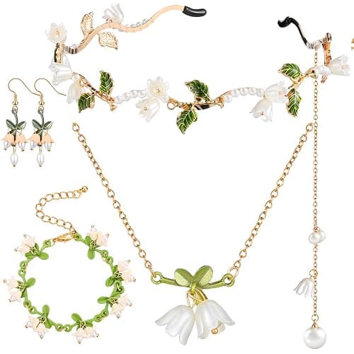 Tondiamo 4 Pcs Cherry Blossom Jewelry Set Cute Cherry Blossom Gifts Pink Flower Fairy Necklace Bracelet Dangle Earrings Headband Whimsical Jewelry for Women Bride Wedding Valentines Gift - Image 1