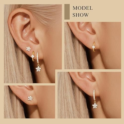Angelady Gold Hoop Earrings Set for Women, Dainty 14K Gold Plated Flower Moon Cross Dangle Earrings, Hypoallergenic Huggie Hoop Earring Stacks, Stud Earrings for Women Trendy Jewelry Gift thumbnail 4