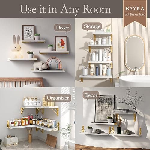 BAYKA Wall Shelves for Bedroom Decor, Floating Wall Shelf for Living Room Kitchen Storage, Mounted Rustic Wood Shelves for Kids Books, Christmas Decorations for Room(White and Gold，Set of 4) thumbnail 3