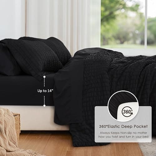 Love's cabin Seersucker Black Queen Comforter Set 7 Pieces, All Season Lightweight Bedding Set, Queen Bed in a Bag Comforter Set with Comforter, Flat Sheet, Fitted Sheet, Pillowcase and Pillow Sham thumbnail 3