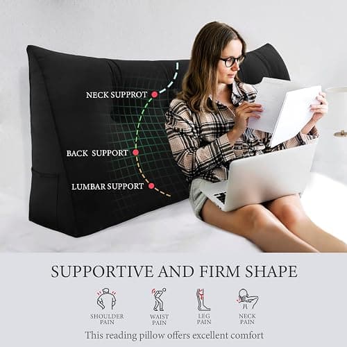 BNCKTRD Headboard Pillow Twin for Dorm - Velvet Bed Wedge Headboard Reading Pillow for Sitting in Bed, Positioning Support Backrest Pillow with Removable Cover & Side Pockets, Black thumbnail 3