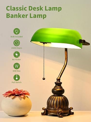 Newrays Retro Green Glass Bankers Desk Lamp for Home Office,Library with Pull Chain Switch Plug in Fixture, LED Bulb Included thumbnail 4